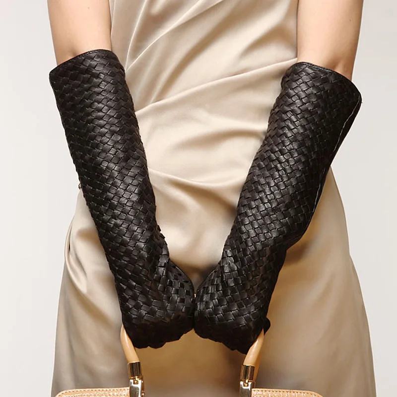 Women 2026 Spring Genuine Leather 40cm Long Thin Gloves Female Goatskin Plaid Knitted Evening Show Luva Mujer Opera Guantes