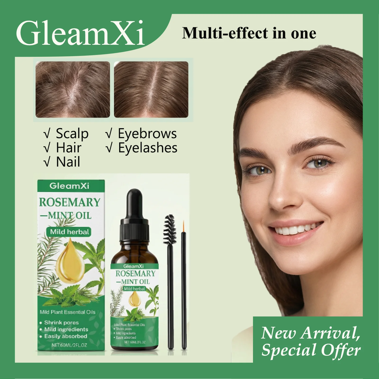 GleamXi 60mL Multi-effect Rosemary Mint Oil, Mild Ingredients, Easily Absorbed, Scalp Care, Hair Growth, Nail Nourishment