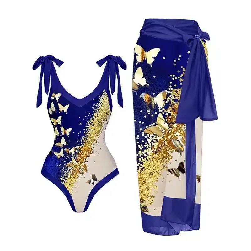 2026 New one Piece Swimsuit for Women Blue print Bathing Bikini Suit Strap Beach Swimwear Set with Chiffon Long Skirt