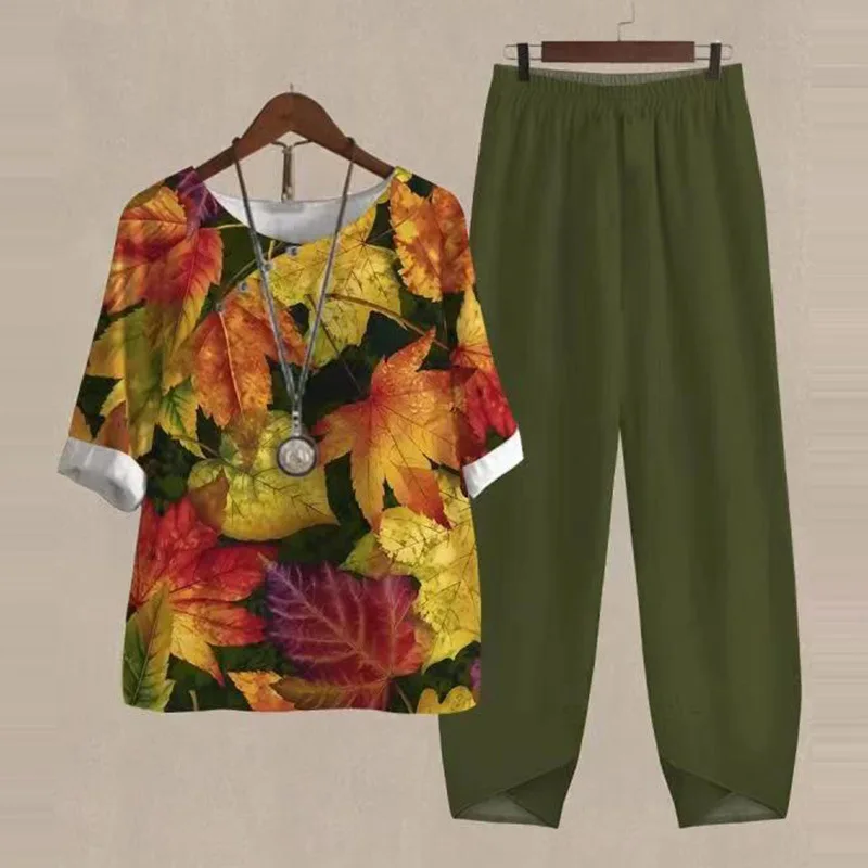 

2025 Spring/Summer Fashion Women's High Street Spring Five-Sleeve Printed Top Pants Two-piece Set