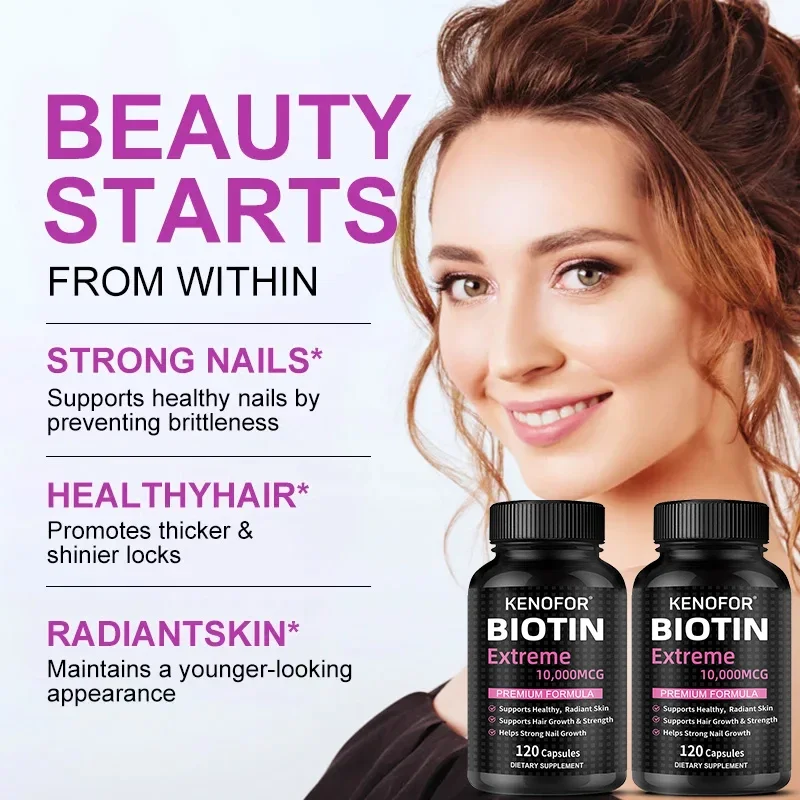 Biotin 10,000MCG Extra Strength 120 Vegetarian Capsules, Biotin Capsules for Healthy Skin, Hair and Nails for Men and Women