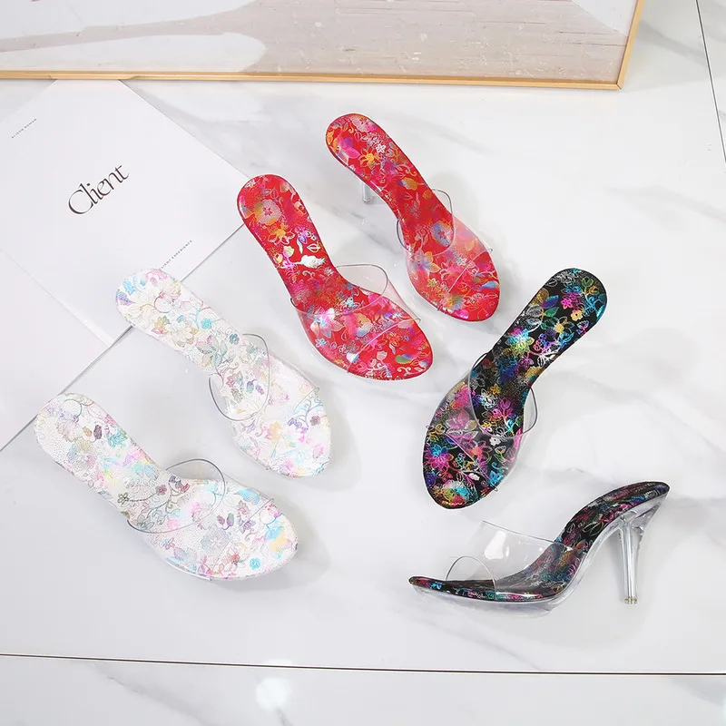 New European and American Summer Style Transparent Crystal Heel Sandals for Women