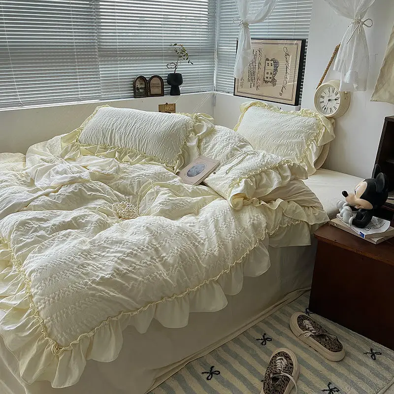 Comforter Sets Princess Style Korean Ins Solid Color Bed Sheet Washed With Cotton Edge And Soaked With Gauze Bed Linen