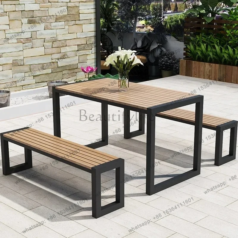

yj21 Open-air courtyard plastic wood outdoor tables chairs combination park outdoor wrought iron long table anti-corrosion leisu