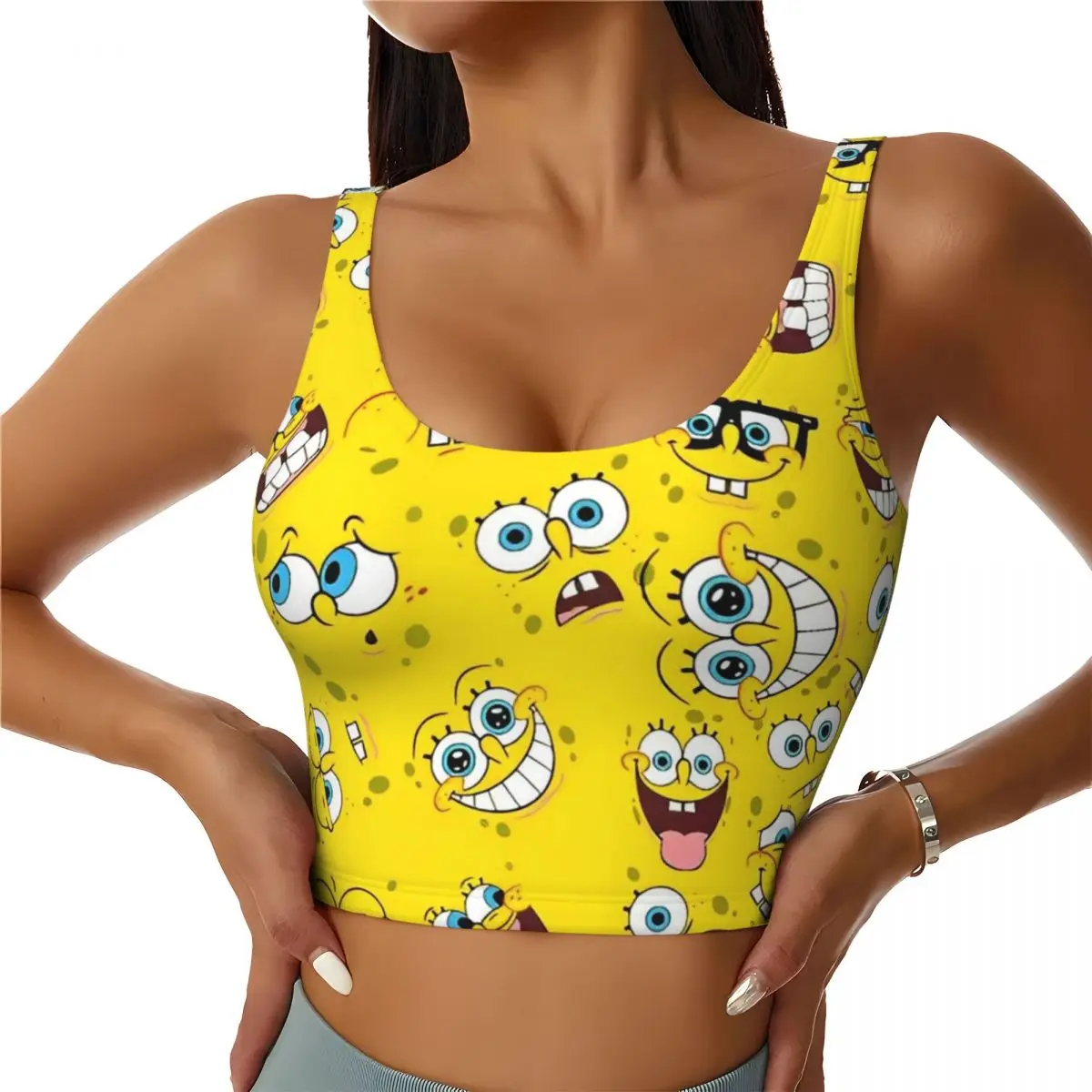 SpongeBobed Anime Cartoon Workout Tank Tops For Women Padded Medium Support Fitness Sports Bra With Removable Cups