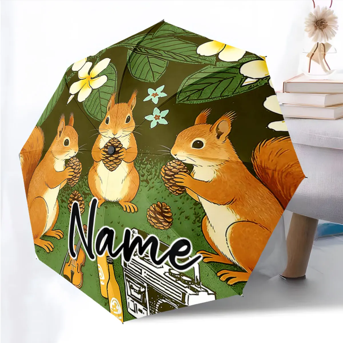 Custom Name Umbrella Adorable Squirrel Design on Green Umbrella Print 8 Iron Ribs Folding Umbrella Auto-Open Fashion Sunshade