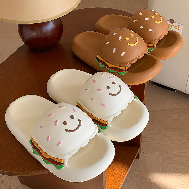 Fun burger slippers women's summer, cute thick bottom stepping on shit feeling couple home sandals ins wind outer wear slippers