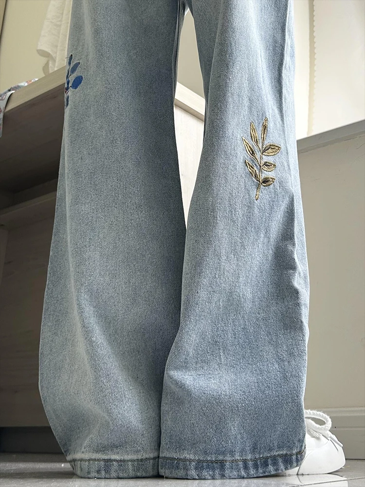 

Женские широкие джинсы с высокой талией в американском стиле High Street Sle, джинсовые джинсы с вышивкой, свободный крой, прямой крой, осень-зима, новое поступление