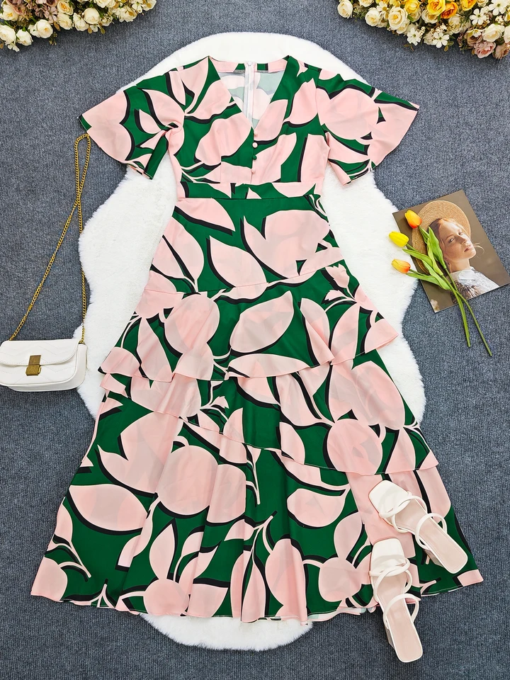 Floral Print Layered Ruffle Hem Maxi Dress, Vacation V Neck Short Sleeve  Dress For Spring & Summer, Women's Clothing Vestido