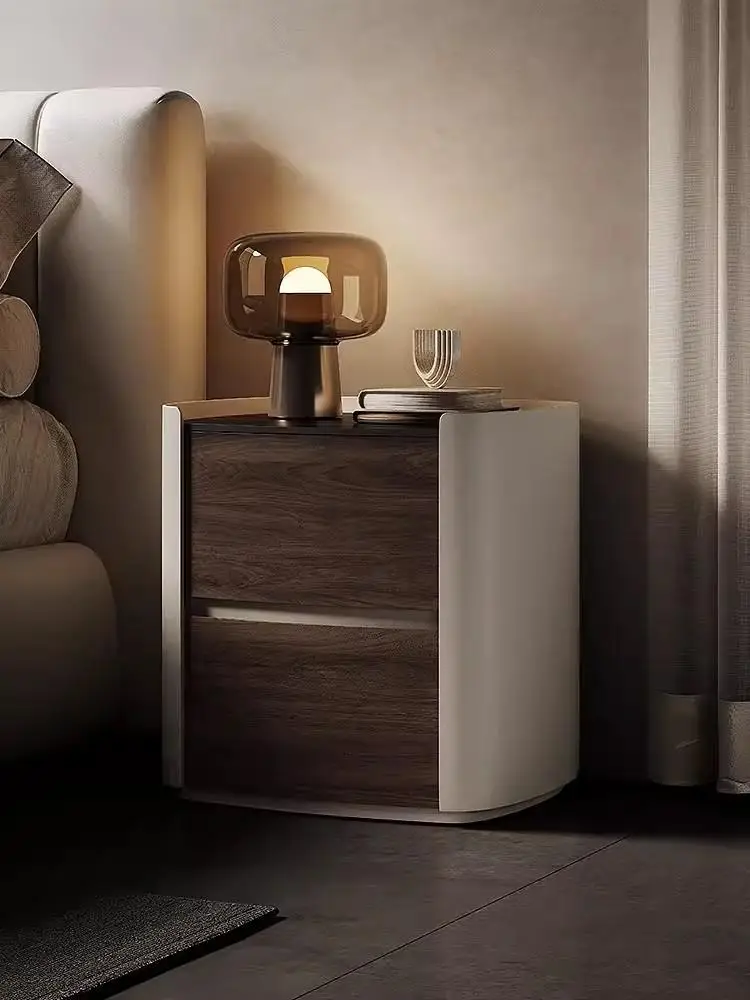 Italian minimalist high-end solid wood bedside table, modern minimalist light luxury bedroom, rock board bedside cabinet