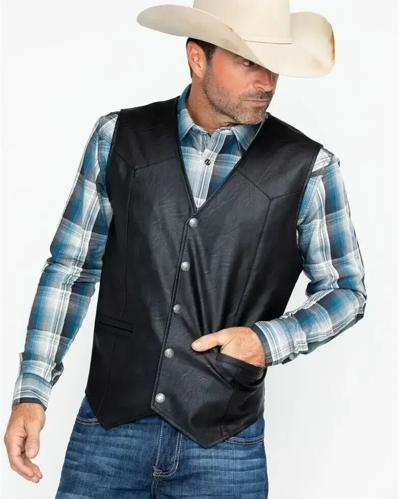 

Men Soft 00% Leather Vest Snap Western Mens Gift Holiday Attire Informal Biker
