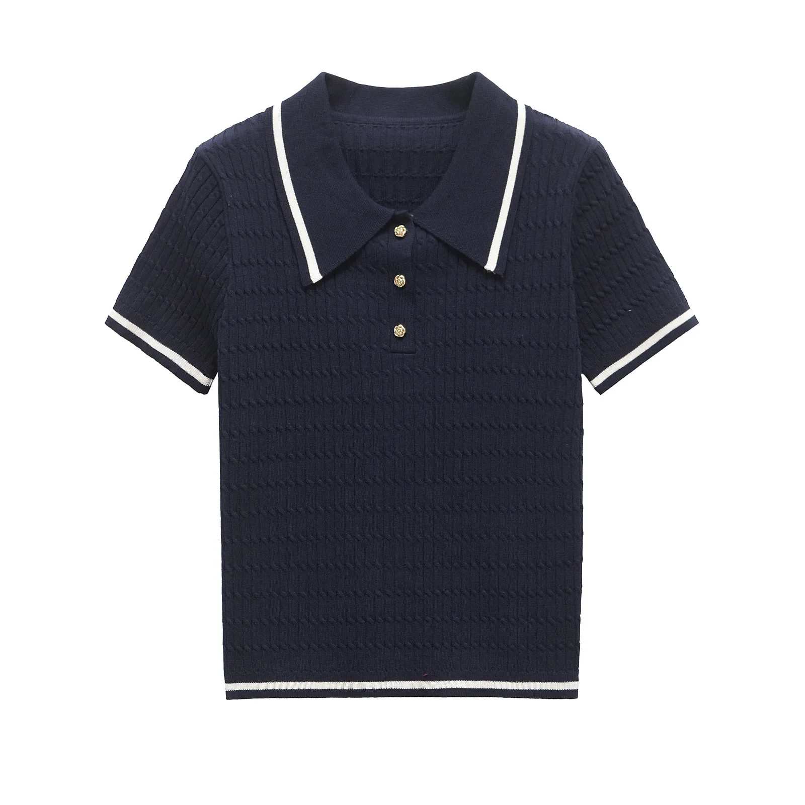 

Spring New Women's Clothing Design Sense Versatile Eight Strand Woven Polo Shirt Collar Knitted