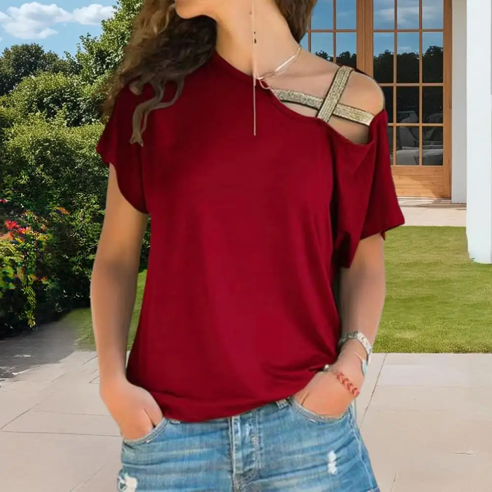 Dropped Shoulder Sleeve Tops Women’s Asymmetrical Off-shoulder T-shirt Skew Collar Tee Loose Fit Summer Pullover Top for Wear