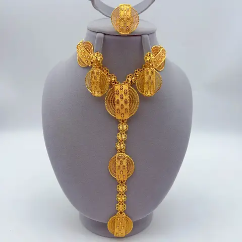 African Long Necklace Earrings Set For Women Dubai 24K Gold Plated Nigeria Indian Bridal Jewelry Wedding Party Gift Jewellery
