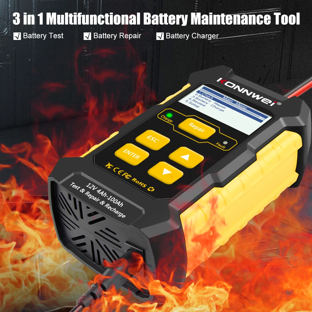 2023 KONNWEI KW510 Full Automatic 12V Car Battery Tester Pulse Repair 5A Chargers Wet Dry AGM Gel Lead Acid OBD2 Car Repair Tool