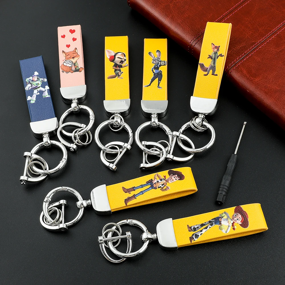 Disney Anime Cartoon Toy Story Zootopia Figure Keychain Nick Wilde Woody Judy Hopps Leather Keyrings for Car Key Accessories