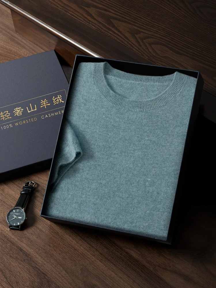 Spring Summer 100% Cashmere Men's Sweater O-Neck Short Sleeve Shirt  Pure Color Loose Pullover Knitwear Fashion Man Clothes