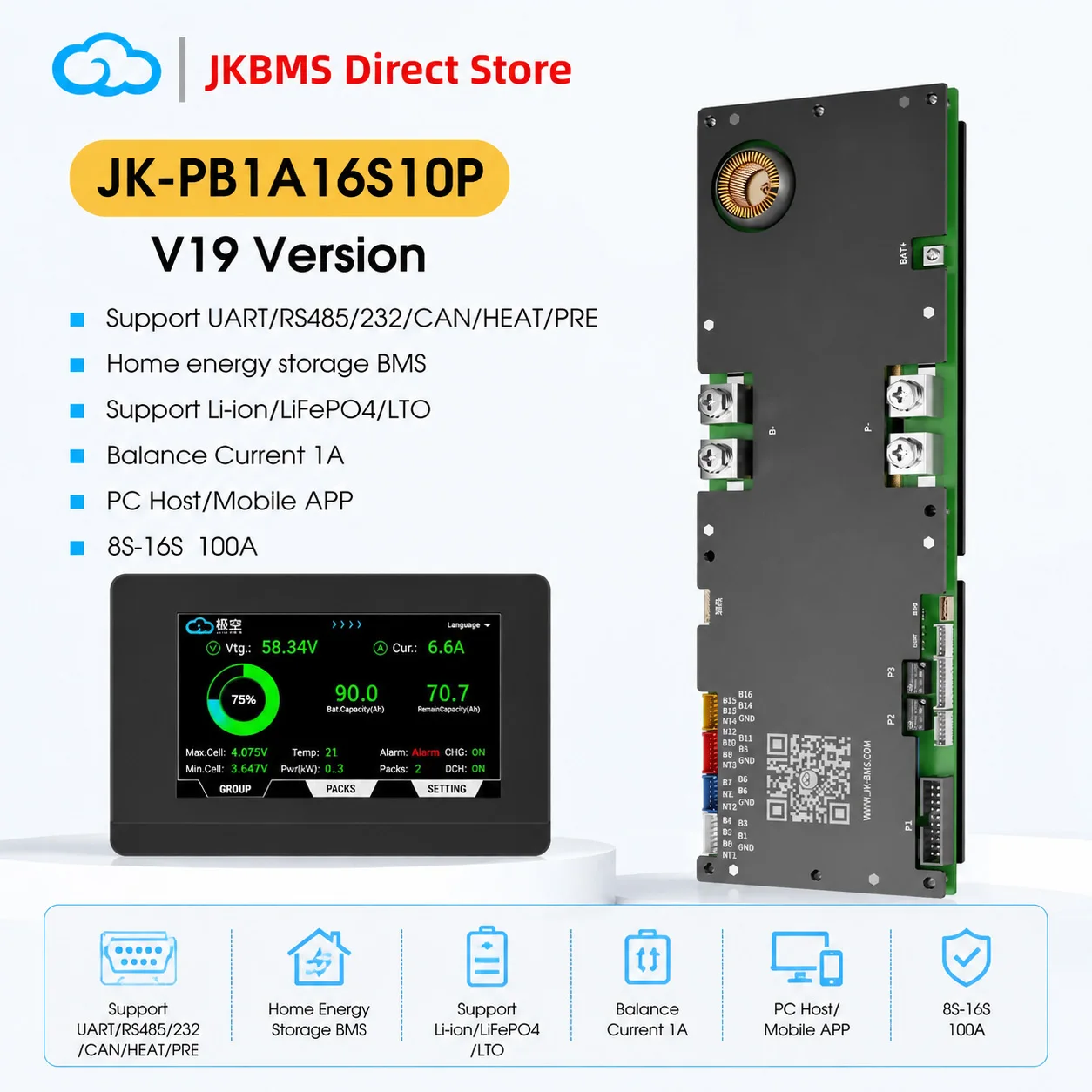 JIKONG JK BMS PB1A16S10P Smart BMS 8S-16S 100A Li-ion LiFePO4 LTO Active Balancer 1A for Household Energy Inverter