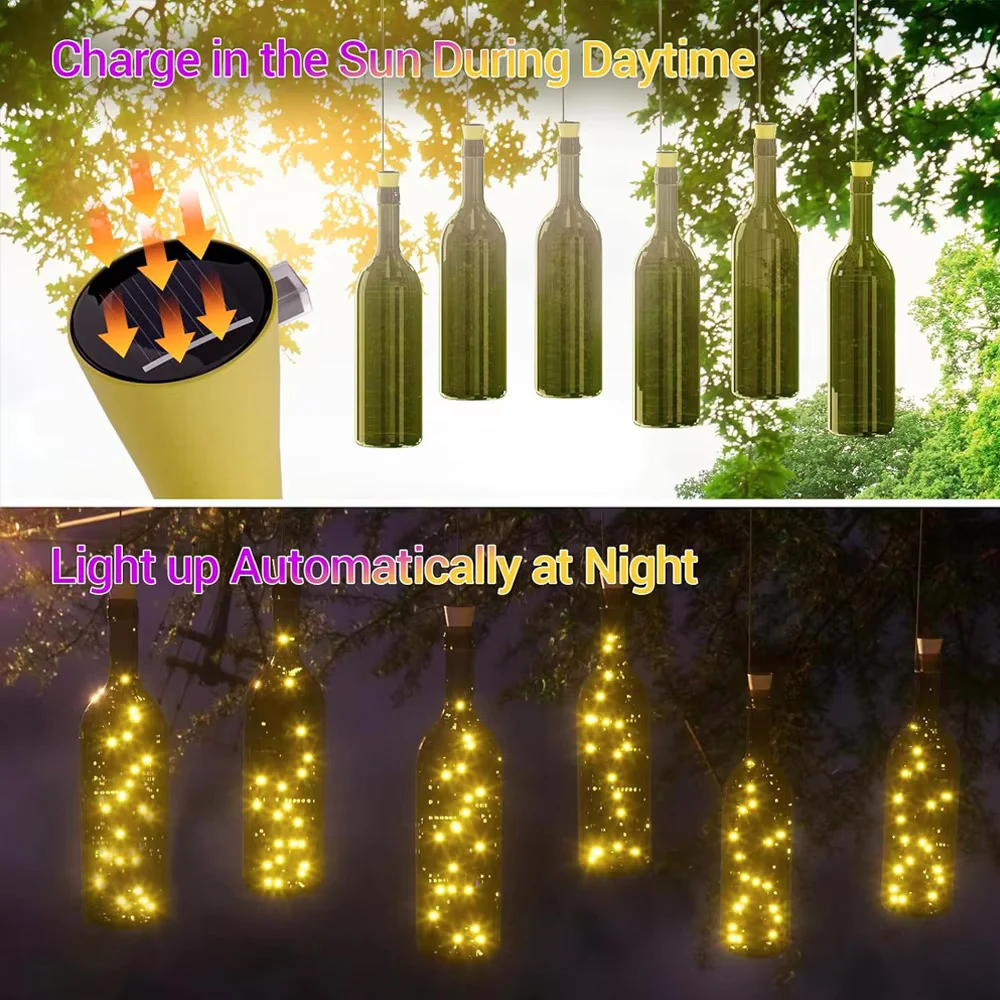 Solar 20LED Wine Bottle Lights Cork Shape Fairy Lights Garland Christmas Light Copper Wire Home Room Decoration Lamp