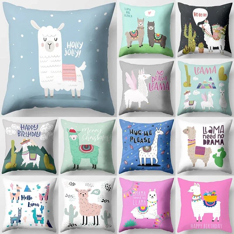 Cartoon Alpaca llama Decorative Cushions Pillowcase Polyester Cushion Cover Throw Pillow Sofa Decoration Pillowcover 40853-1