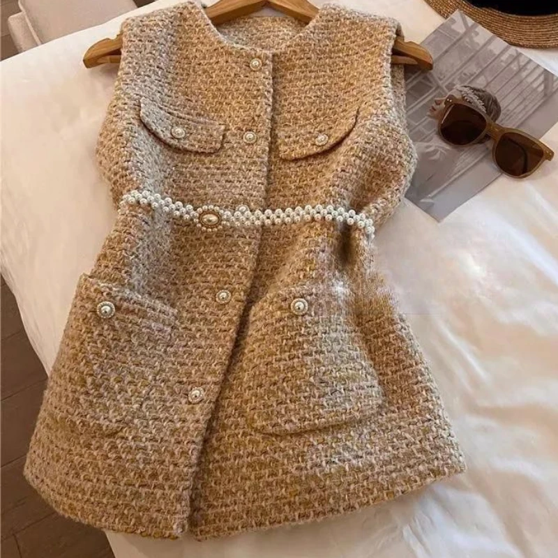 Autumn Winter Tweed Jacket Sleeveless Vintage Wool Vest Women Clothing Slim Buttons Pocket Waitstcoat Korean Fashion Coat