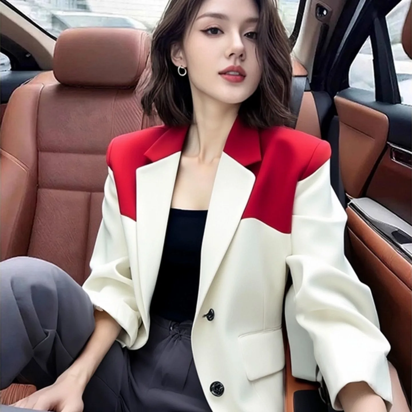 موضة جديدة التباين اللون الخريف معطف المرأة الراقية أنيقة طويلة الأكمام الصغيرة عبق بلون سترة مكتب سيدة الأعلى #3