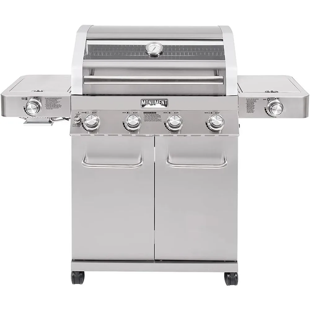 

Larger 4-Burner Propane Gas Grills Stainless Steel Cabinet Style with Clearview® Lid, Knob Controls, Built-In Thermometer, Infr