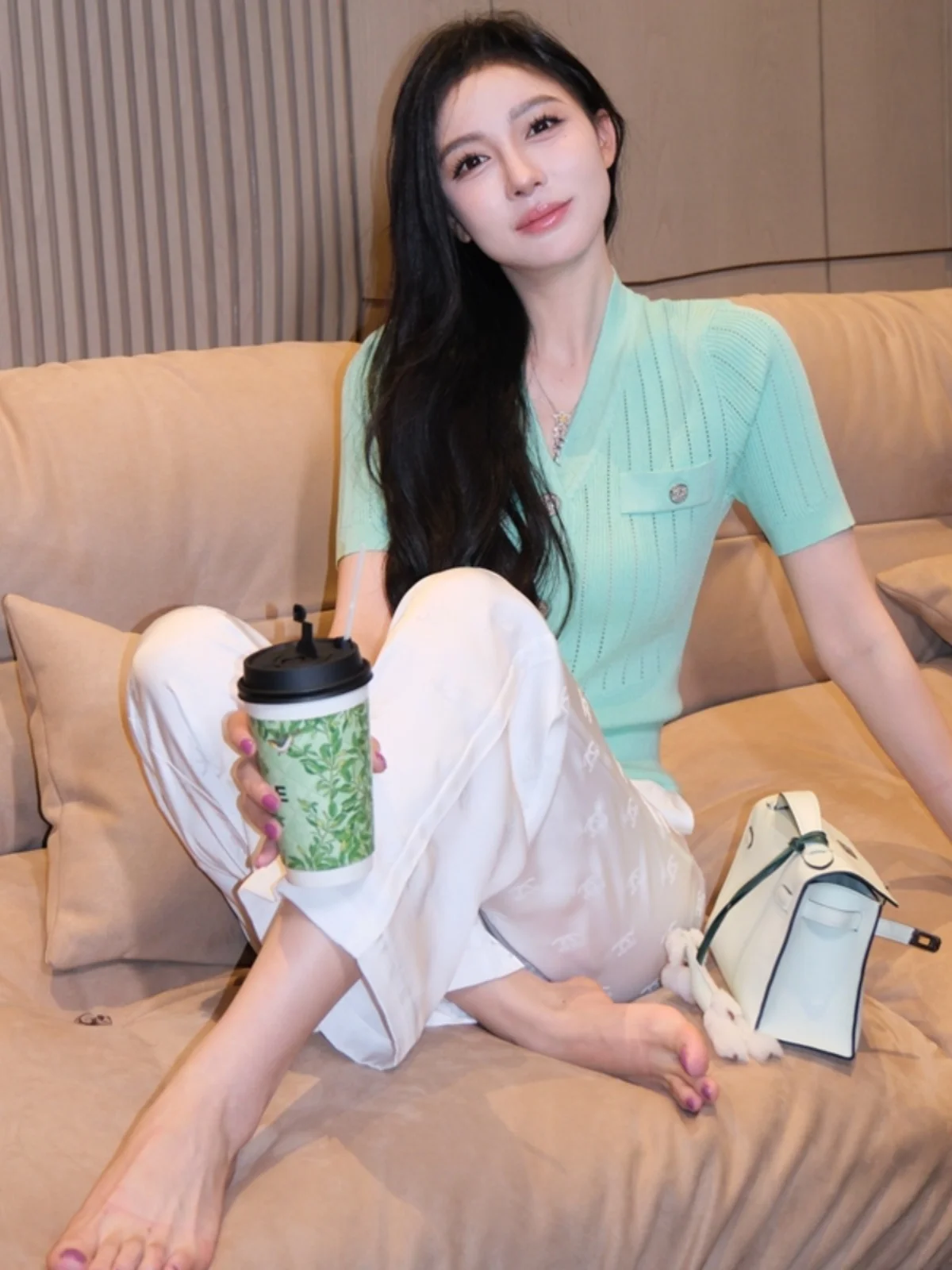 Tian Jiao Baby Summer High Waist Wide Leg Pants Smooth Silk Casual Pants Drapey Print Straight Leg Trousers Ladies Faion
