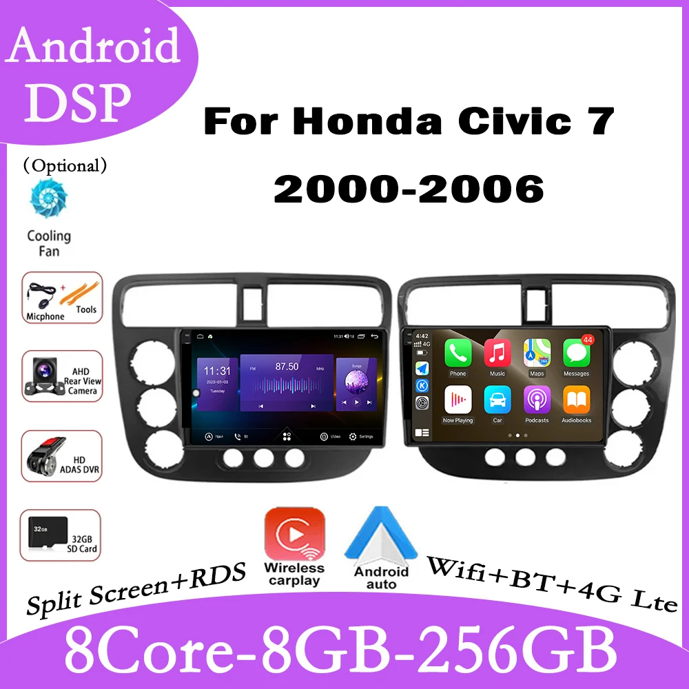 9 Inch For Honda Civic 7 2000-2006 Android 14 Car Radio Carplay Multimedia Navigation Auto GPS Video Player Stereo Screen