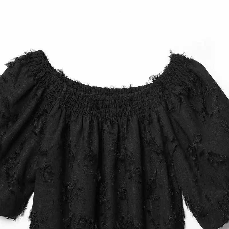 Loose Women's irt Spring 2025 New Elastic Collar Frayed Bubble Sve Top Faion European Sle ort Sve Casual Wear