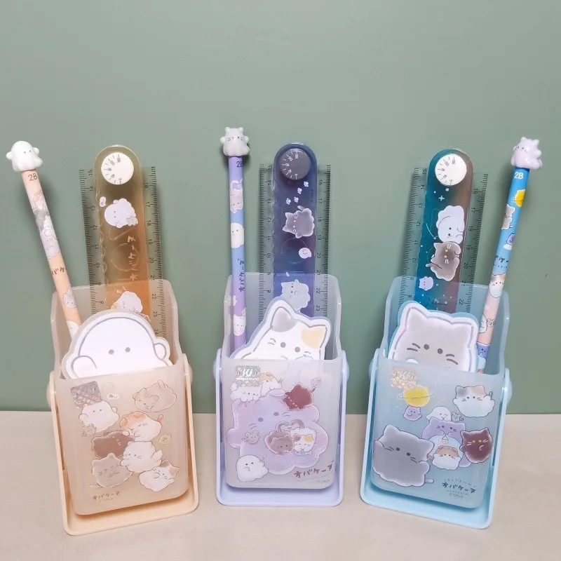 Cartoon Stationery Set Include Bookmark Stick Note Rotating Pen Holder Pencil Folding Ruler Student Stationery Learning Gift Box