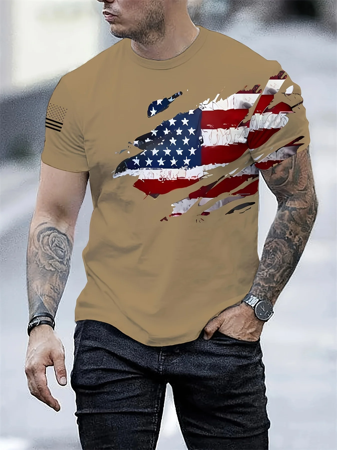 European and American summer casual five-pointed star pattern 3D printed round neck short-sleeved outdoor T-shirt