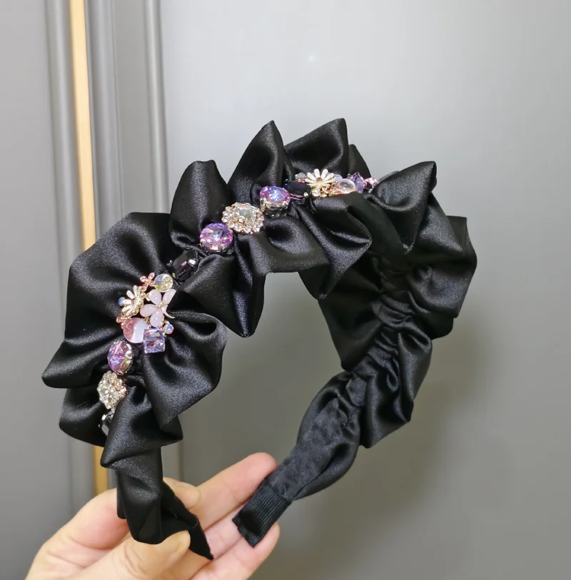 

French Pleated Ruffles Satin Hair Hoop Hairbands Color Water Diamonds Headbands Hair Bands Women Hair Accessories and Headwear