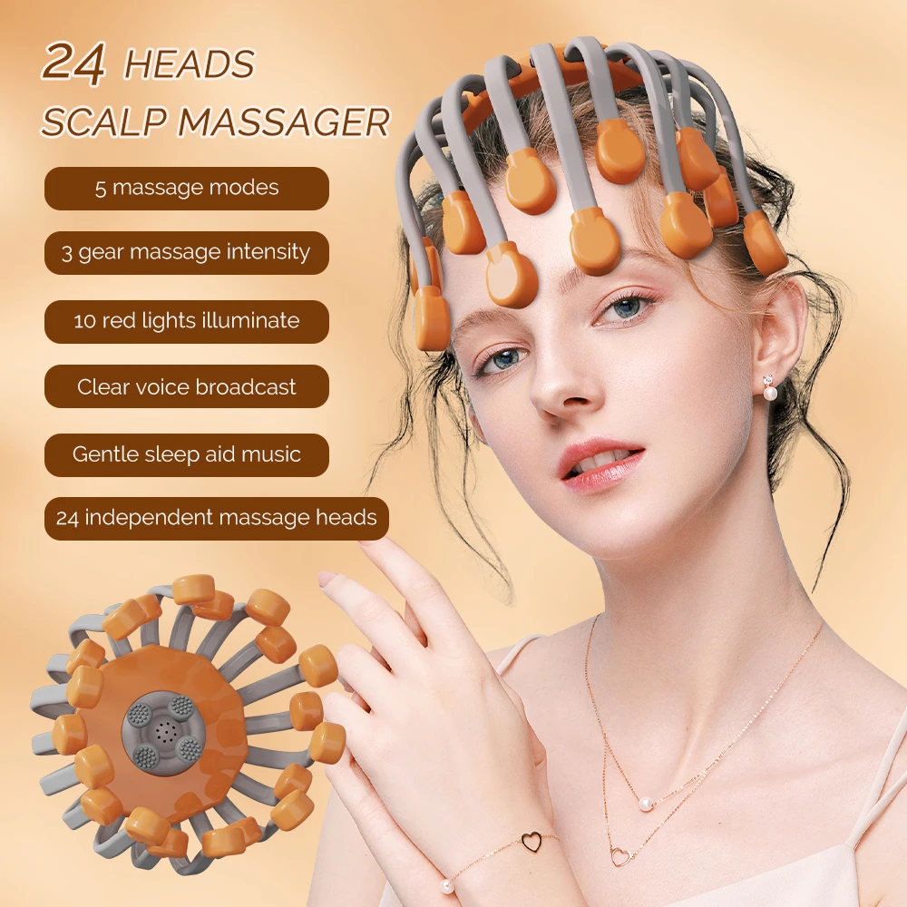 24 Heads Octopus Claw Head Massager Electric Scalp Massager 24 Point Vibration Massage Scratcher Bluetooth Music Relaxation