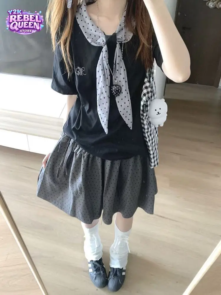 Y2K Sweet Preppy Polka Dot 2 Piece Set Women Petite Short Sleeve T Shirt High Waist Ruffle Skirt Casual Daily Commute Outfit