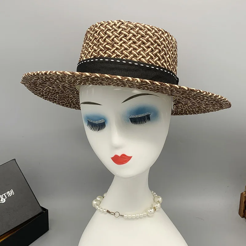 Mixed Color Paper Braid Straw Hat Hollow Ring Top Flat Brim Large Head Circumference Travel Photography Sun Hat