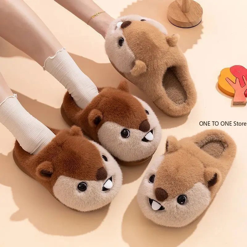 

Wholesale Fluffy Slippers Women House Cute Cartoon Squirrel Designer Shoes Girl Flat Elegant Plush Winter Platform Footwear Home