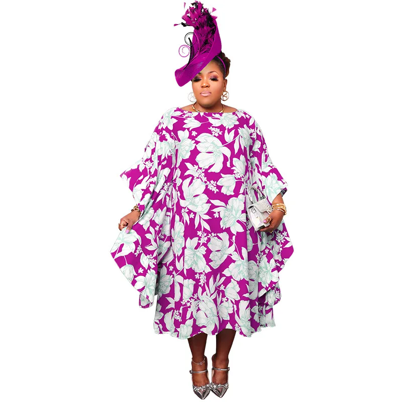 

L-4XL African Dreses for Women Summer Elegant African Women O-neck Polyester Printing Red Purple Dress African Clothes Women