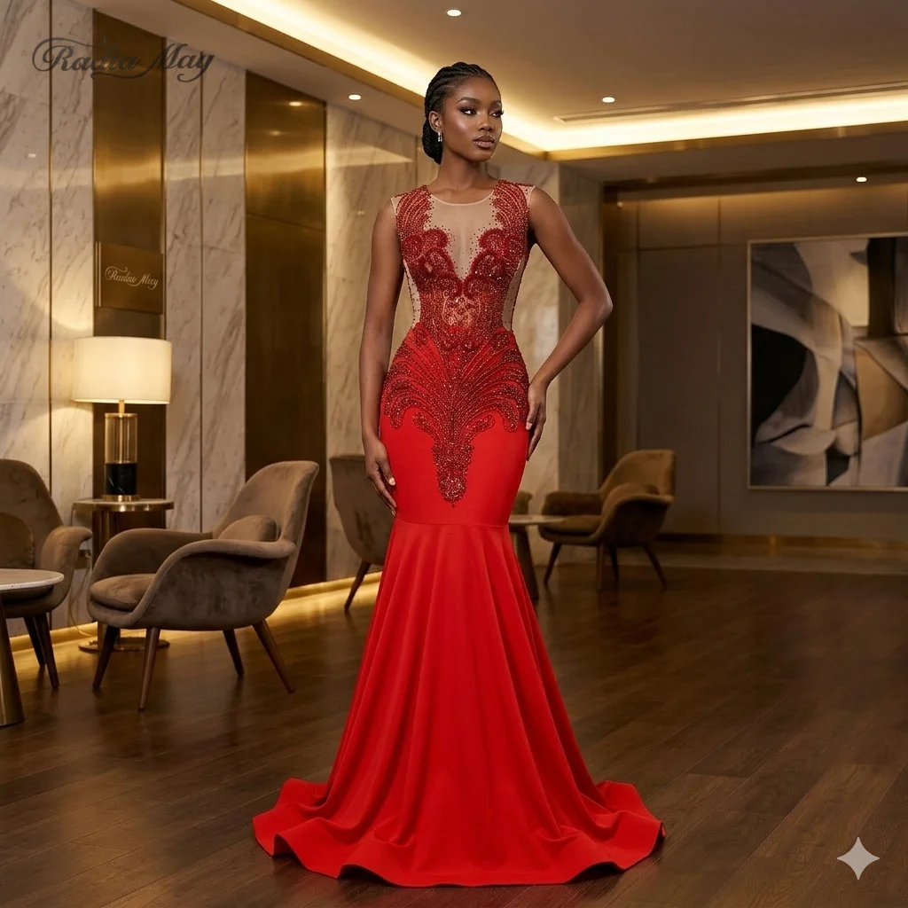 

Гламурное красное платье-русалка Radia May с вышивкой стразами и бисером, с иллюзорным вырезом на шее, без рукавов, для выпускного вечера, SH005, на заказ
