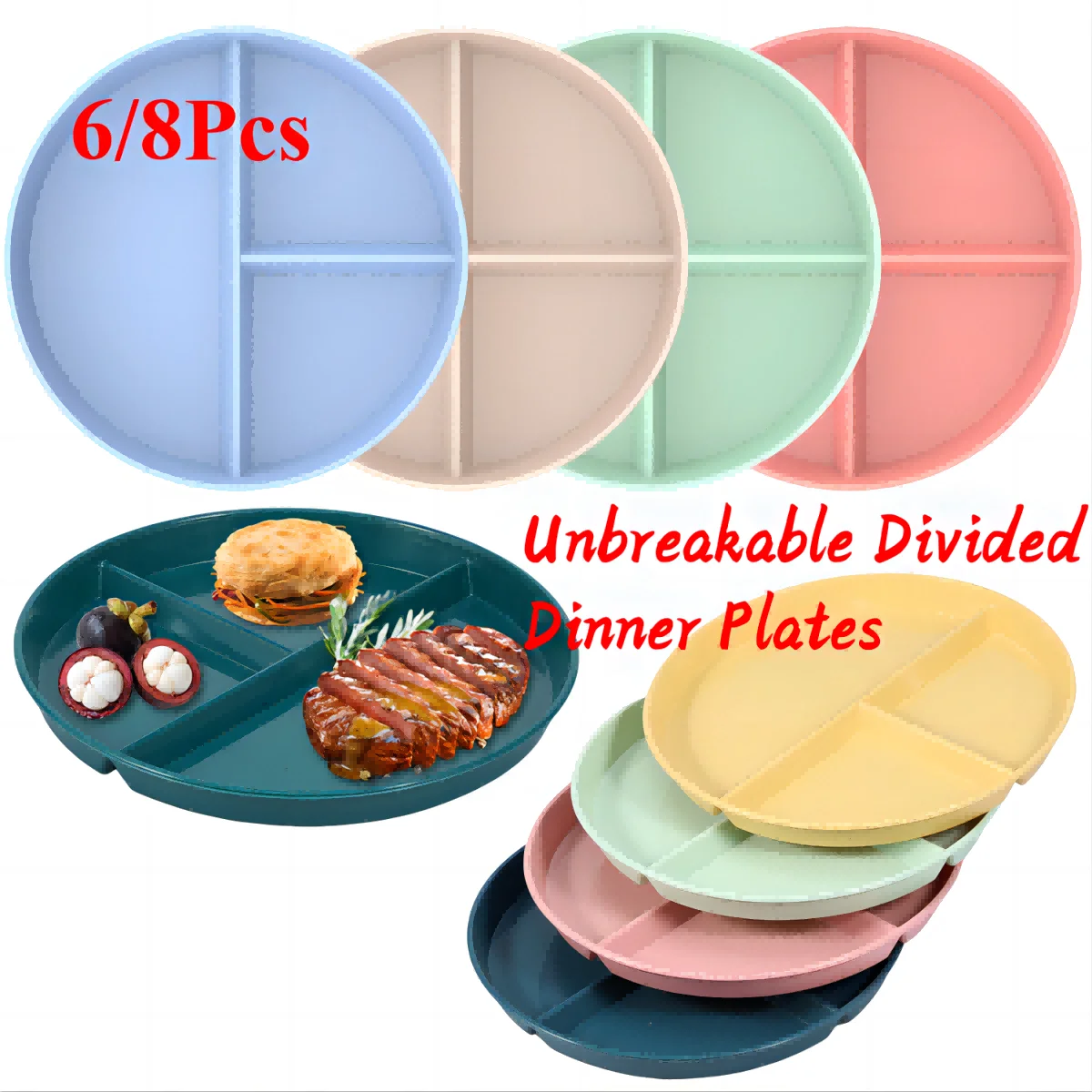 6/8Pcs 9inch Unbreakable Divided Dinner Plates Portion Control Plate Healthy Eating Bariatric Diet Divided Plate for Kids Adults