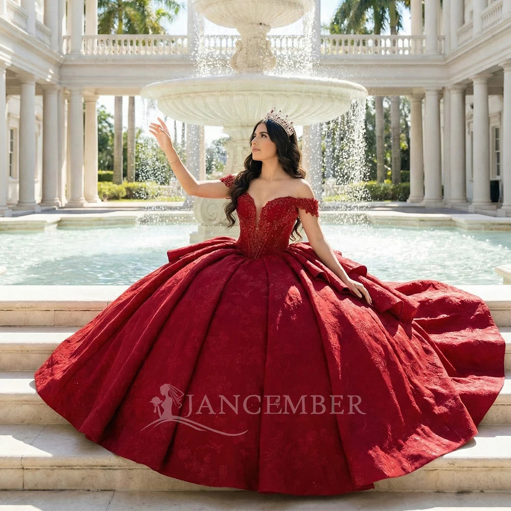 

Красное платье для квинсеаньеры с открытыми плечами, кружевное, с V-образным вырезом, на заказ, со шлейфом.