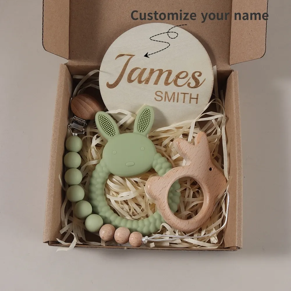 

Персонализированный набор прорезывателей для новорожденных кроликов, детские предметы первой необходимости, цепочка для соски, подарочный набор с вехами