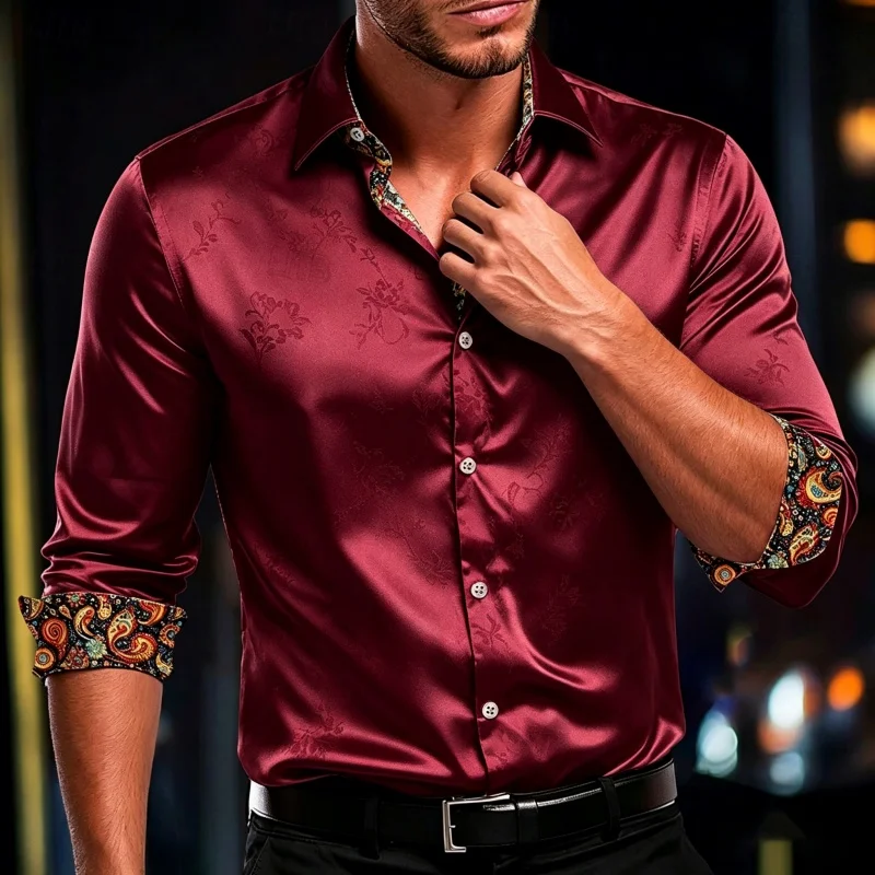 2026 New Men's Shirt Personalized Printed Long Sleeve Shirt Rollable Sleeves Cashew Flower Contrast Cuffs Business Casual Shirt