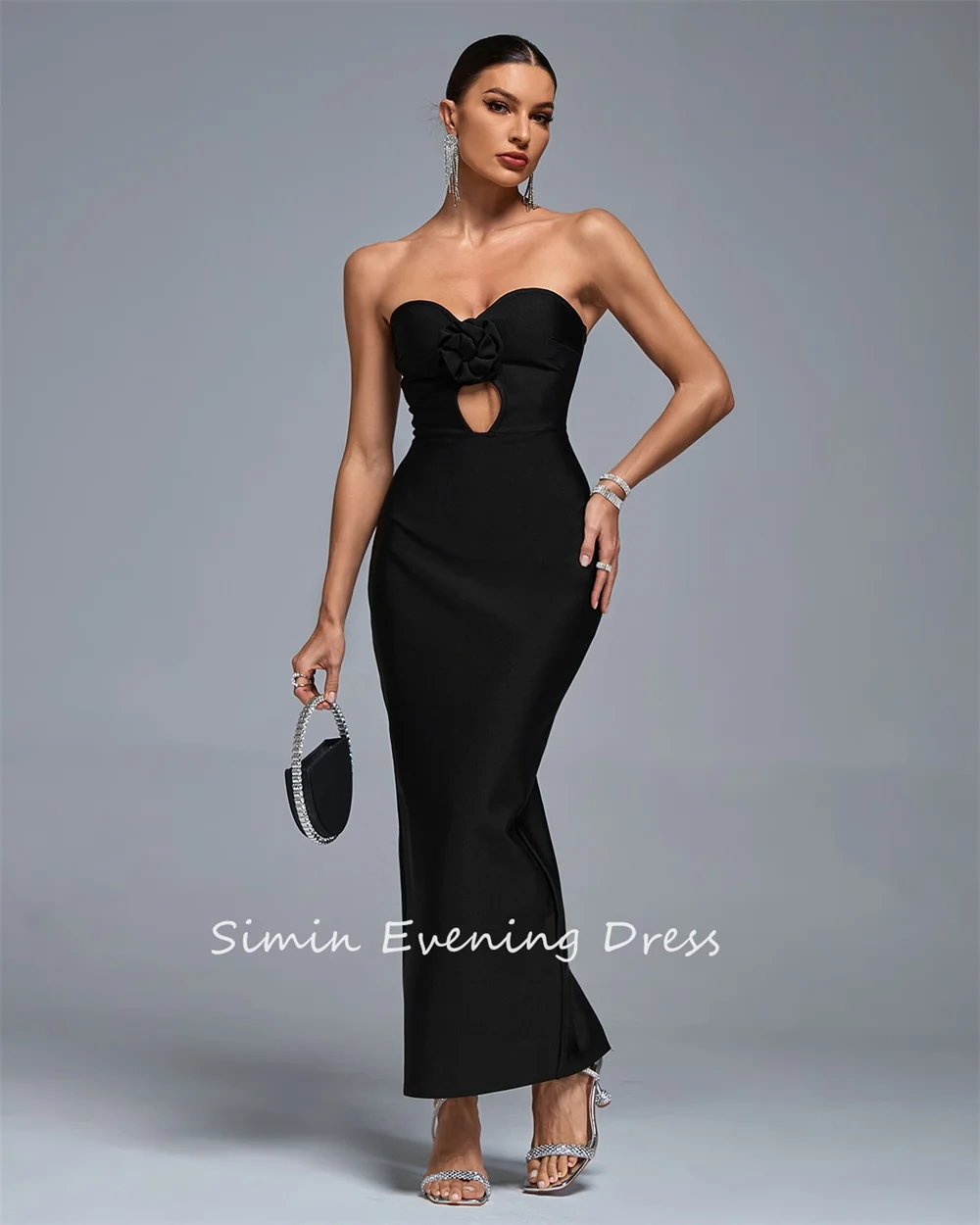 Simin فPersonalizado Ruched Strapless Flor Reta Saudita Sem Mangas Crepe Vestido de Baile Vestidos de Festa À Noite para Mulheres 2024