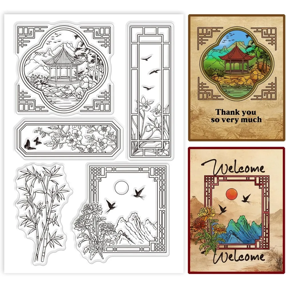 Klare Stempel für Hoflandschaft, chinesischer Bambus, japanische Chrysantheme, transparente Silikonstempel, Siegel, transparente Stempel für Heimwerker