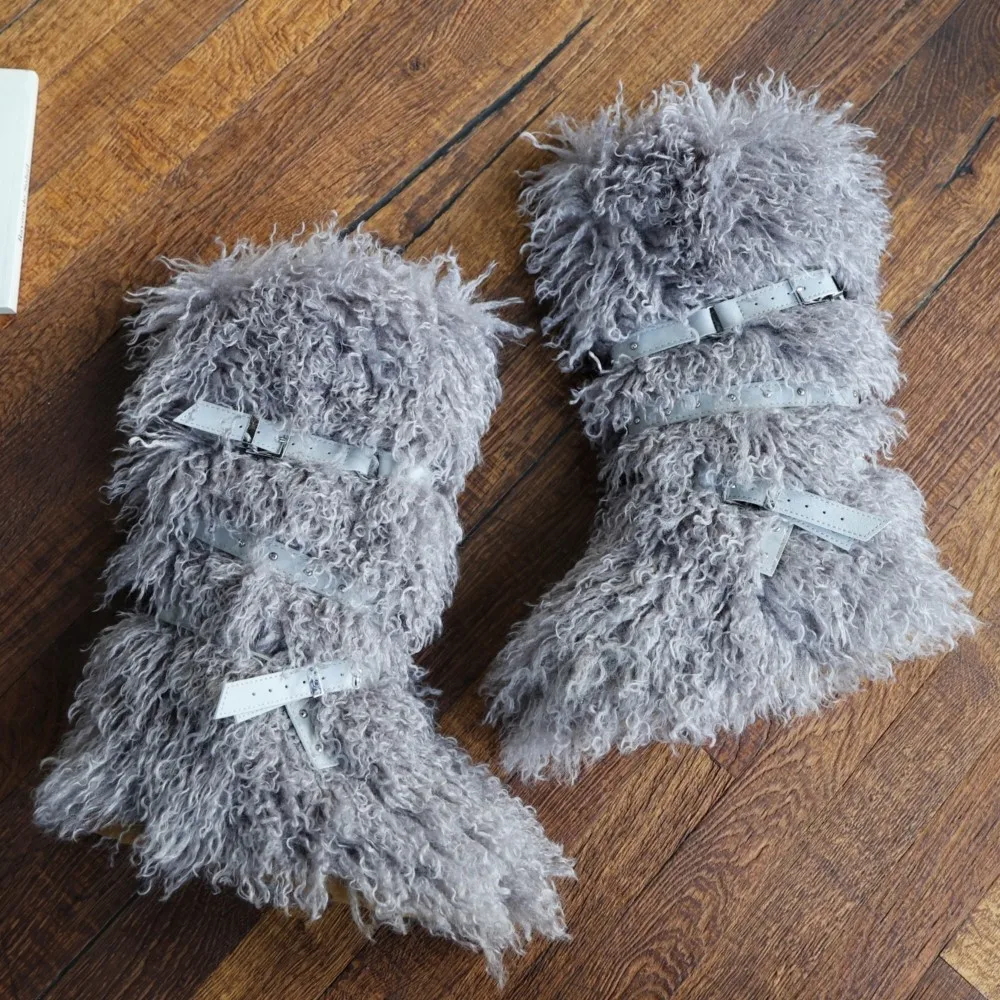 

2026 Fuzzy Plush Knee-High Snow Boots Womens Insulated Crisscross Straps Studs Non-Slip Sole Cotton-Padded Winter Boot Bag Set