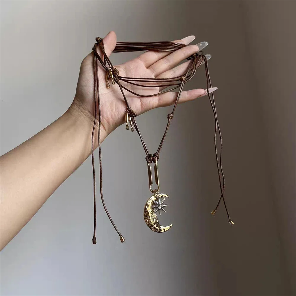 Retro-Boho-Stil, Nischendesign, modische Halbmond-Stern-Wachsseil-Halskette, verstellbare Accessoires für Damen, Schmuckgeschenke – Detail 4