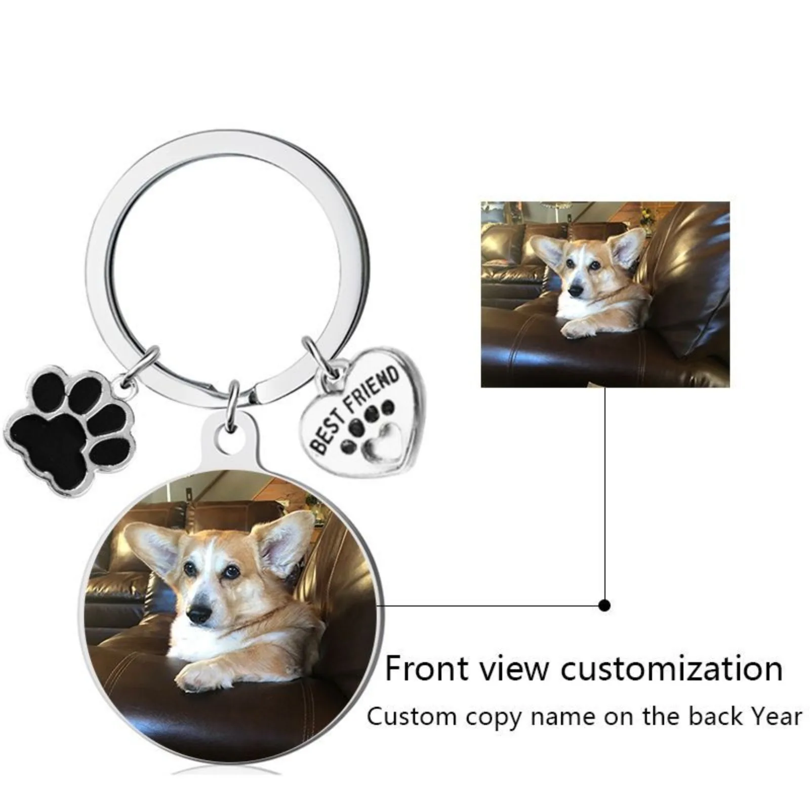 Personalized Pet Photo Keychain,  Personalized Dog and Cat Memorial Tag, Stainless Steel Custom Sketch Keyring, Great Gift