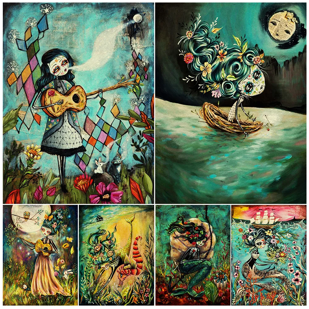 

Mermaid,Seahorse,Anchor,Ghost Moth,Fine Wall Art Canvas Painting,Day Of The Dead Surrealism Art Poster Print Home Decor Unframed