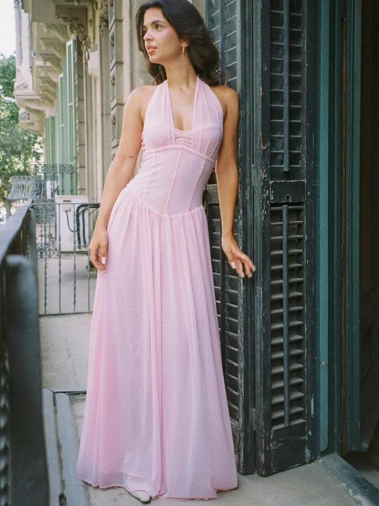 Elegancka Sukienka Bodycon Długa Bez Rękawów z Siateczki Damska Sexy Dekolt V Bez Pleców Obcisła Sukienka na Imprezę Klubową Wieczorowa Nowość 2025 Vestido